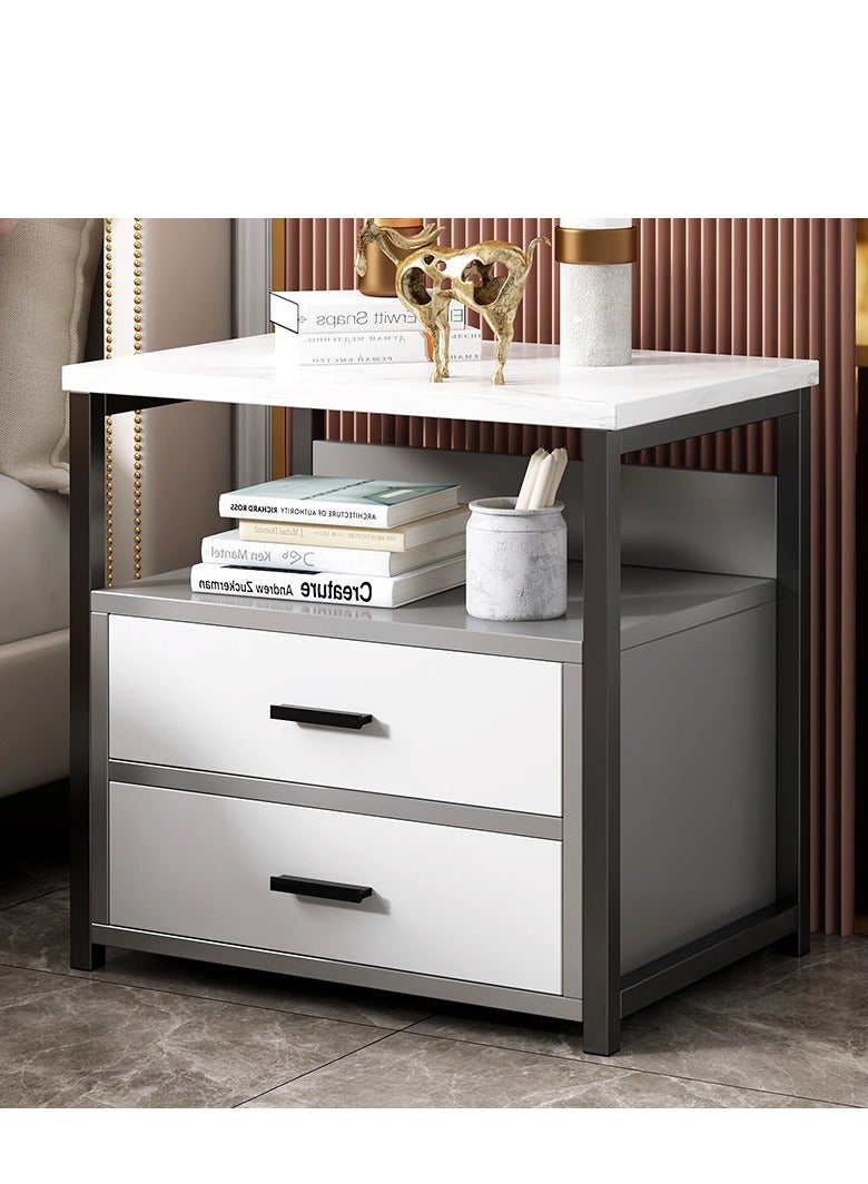 خزانة تخزين بجانب السرير، طاولة جانبية حديثة مع درجتين للتخزين، بسيطة وصغيرة لتوفير المساحة لغرفة النوم أو المكتب أو صالة المعيشة باللون الأبيض - Image 1